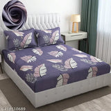 White Glace Cotton botanical-print, double size fitted bedsheet with two pillow covers - Real Dream