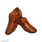 Tan synthetic leather kids sandal, premium quality with velcro fastening, super comfortable for play