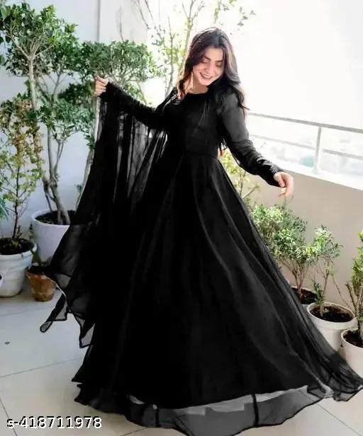 Black trendy georgette evening gown set for women, solid black long-sleeved maxi dress with dupatta, Indian origin, formal occasion wear