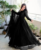 Black trendy georgette evening gown set for women, solid black long-sleeved maxi dress with dupatta, Indian origin, formal occasion wear