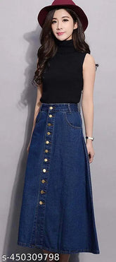 Navy Blue Ten-Buttoned A-Line Maxi Denim Skirt - Breathable, lightweight, and trendy denim maxi skirt with adjustable waist fit for all body types. Sizes available: 26 (Waist 26in, Hip 35in), 28 (Waist 28in, Hip 37in), etc., up to size 46 (Waist 46in, Hip 55in). Made in India