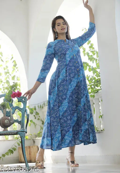 Blue cotton bandej printed anarkali dress kurta, three-quarter sleeves, Indian women's fashion, Mandarin collar