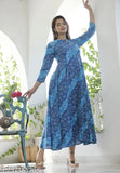 Blue cotton bandej printed anarkali dress kurta, three-quarter sleeves, Indian women's fashion, Mandarin collar