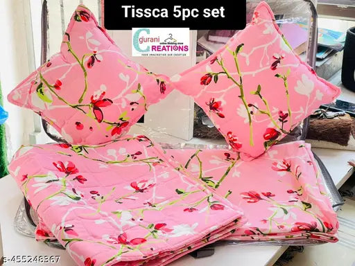 Glace cotton floral embroidered queen-size bedsheet set, includes 2 pillow covers & 2 cushion covers, ideal for adults in mild winter