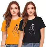 Cotton printed DNV regular black t-shirt for women, short sleeves in mursted design (India)