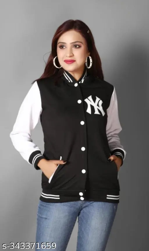 Stylish NY printed wool Varsity jacket for women in long sleeves, size XS-XXL, India origin