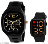 Stainless steel oval analog watch set for boys, black dial and silicone strap