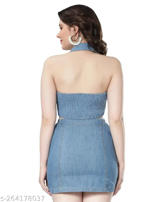 Denim halter neck crop top, solid color denim cropped sleeveless top with smocked back and contrast stitch detailing