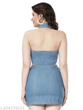 Denim halter neck crop top, solid color denim cropped sleeveless top with smocked back and contrast stitch detailing