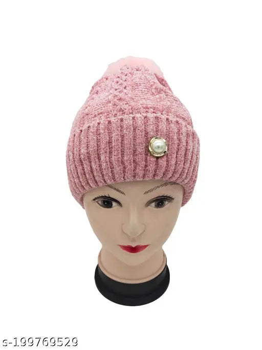 Woolen beanie with chunky cable knit and pompom. Soft warm hat for women's winter, Indian-origin