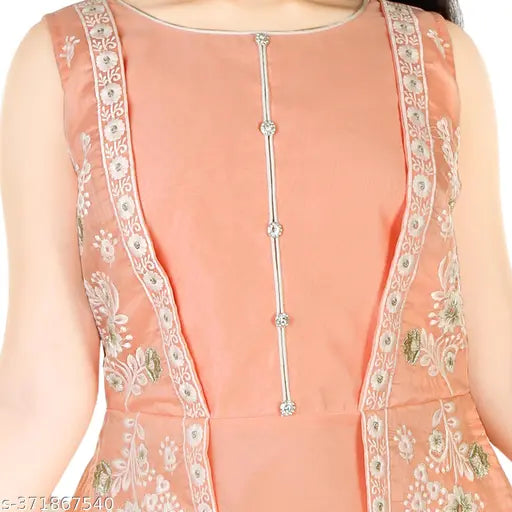 Peach chanderi embroidered flared gown, pant & dupatta. Vibrant, embellished net for kids aged 7-8 years, Indian traditional wear