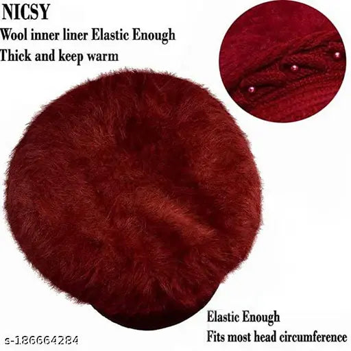 Maroon wool beanie cap with rabbit fur lining and cotton interior, embellished design, onesize, suitable for women and girls. Warm, stretchy, and perfect for winter, spring, and autumn