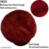 Maroon wool beanie cap with rabbit fur lining and cotton interior, embellished design, onesize, suitable for women and girls. Warm, stretchy, and perfect for winter, spring, and autumn
