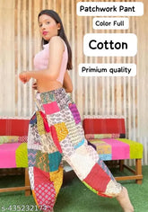 Colorful cotton patchwork pajama harem pants, comfortable for yoga and walking, eco-friendly