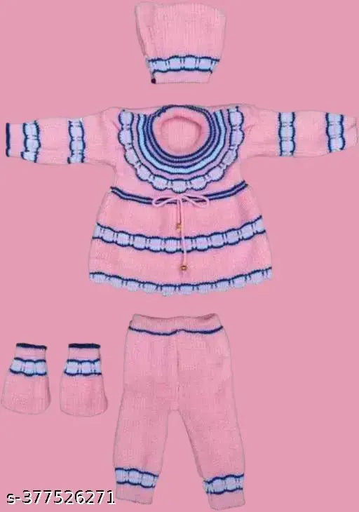 Striped woolen newborn baby frock with cap, socks pyjama sweater - Indian handmade baby clothing collection