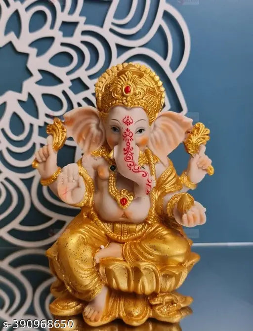 Golden Ganesha idol, eco-friendly poly resin, Hindu God for house temple or car dashboard, 8x6x14.5cm, symbolizes prosperity & positive energy