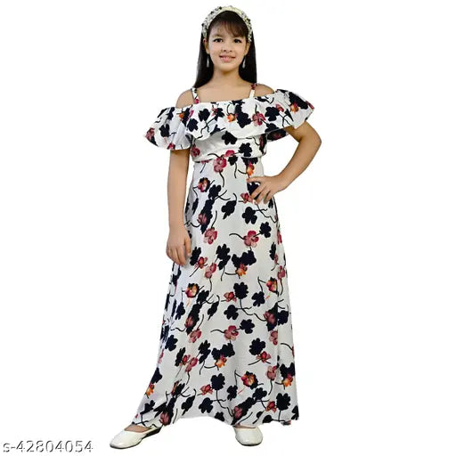 Multicolor girls dress pack: 8-9, 9-10, 10-11, 11-12, 12-13 years, trendy printed crepe dresses with shoulder straps, India origin