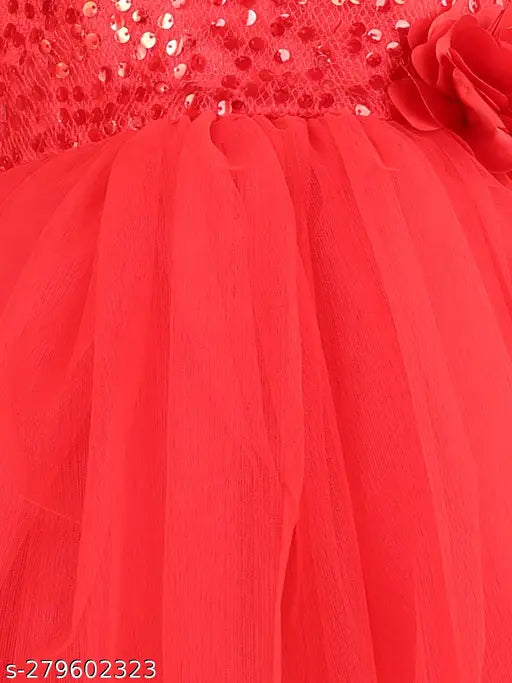 Red sequinned net gown for kids party wear, embellished body design, size 1-2 years (India)