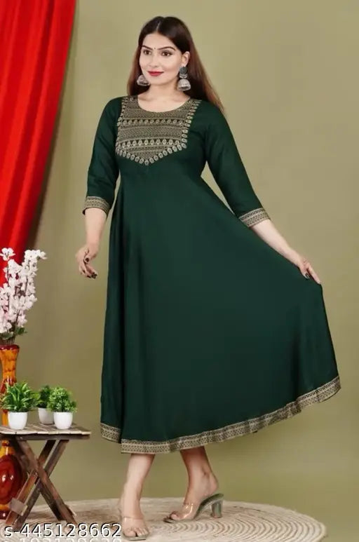 Rayon solid embroidered kurti gown for women, three-quarter sleeves, S to XXXL sizes, Indian origin