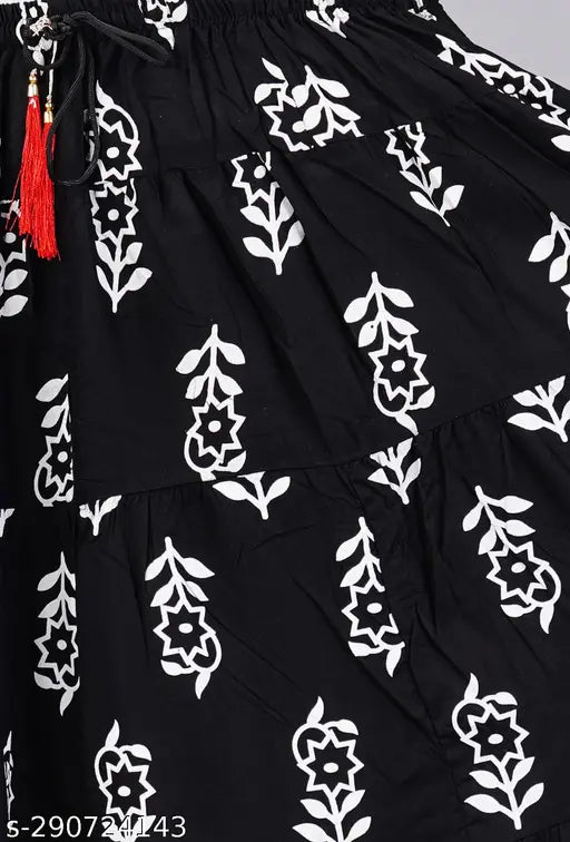 Women's white kadi print butti skirt, rayon with floral pattern and net fabric, size 34-Free Size