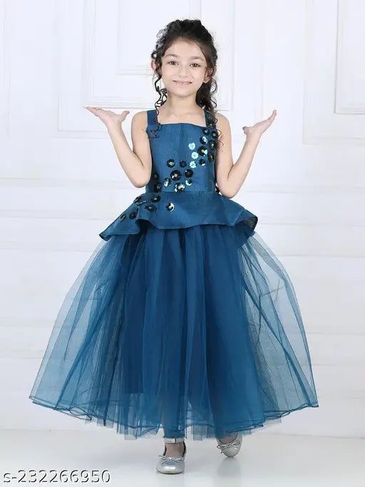 Teal blue net party dress for kids, sleeveless, embellished design, India origin