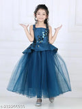 Teal blue net party dress for kids, sleeveless, embellished design, India origin