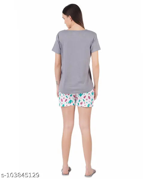 Women's printed cotton top & shorts set, short sleeves, vibrant pattern, size S-XXXL