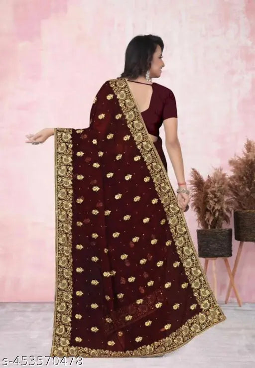 Maroon Georgette saree with heavy border embroidery, perfect for Diwali, Karwa Chauth, weddings, anniversaries, birthdays
