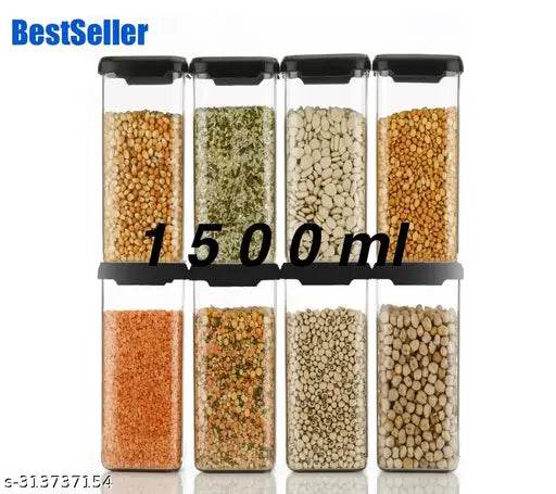 Airtight plastic kitchen storage jars, 1500ml capacity, pack of 8 for organizing food and groceries in the pantry