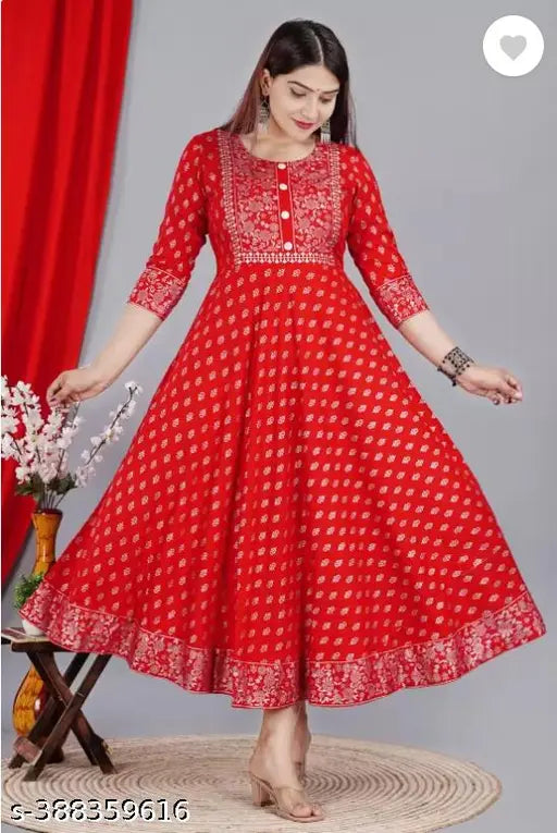 Rayon printed anarkali kurti for women, three-quarter sleeves, vibrant design