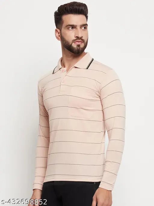 Cotton blend striped slim fit polo t-shirt for men, short sleeves with pocket on chest