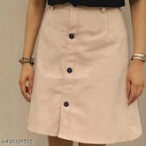 Cotton women's solid-colored short button skirt, available in sizes 26, 28, 30, 32. Made in India