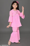 Cotton blend girls' set with three-quarter sleeves, printed net pattern. Colorful clothing for kids aged 4-5, 5-6, and 6-7 years old, made in India