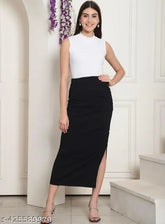Black polyester pencil midi skirt with elastic waist, ideal for versatile styling and comfort