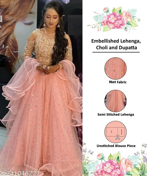 Peach velvet lehenga choli with net bottomwear and lace dupatta, semi-stitched, India origin