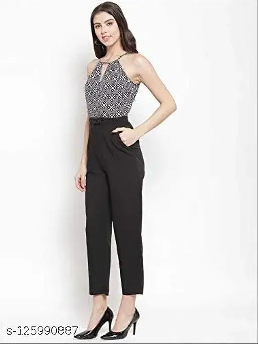 Black checked crepe sleeveless jumpsuit by Magnetic Designs, Indian-origin print on women's basic style