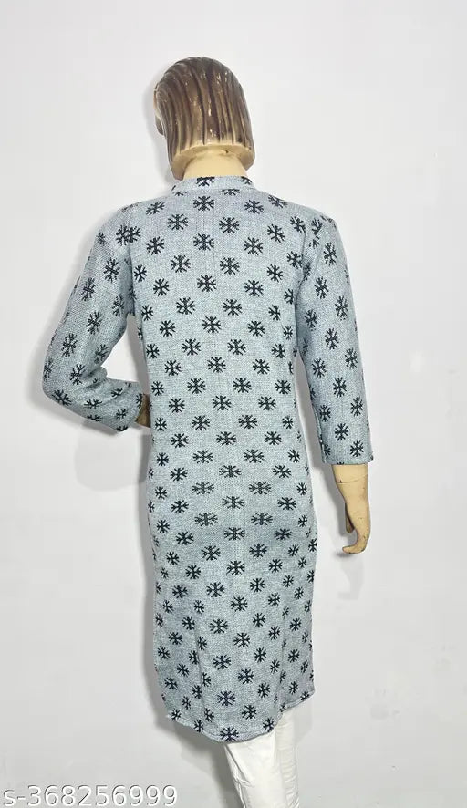 Grey Flower Printed Woolen Kurta for Women's Winter Fashion - Dry Clean Only, India