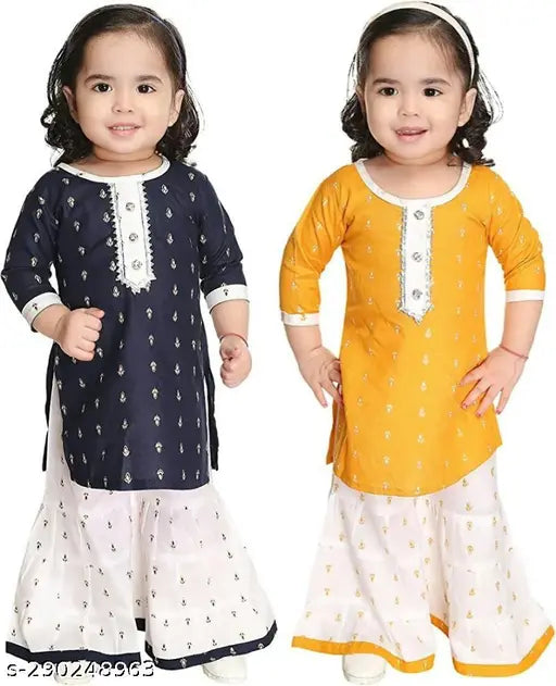 Printed rayon baby girls Kura & Palazzo set combo for casual - A-line kurta with three-quarter sleeves and palazzo bottoms, vibrant colors will not bleed. Ideal for parties, weddings, or everyday wear. Newborn to 2-3 years sizes available. Made in India