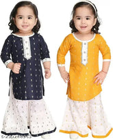 Printed rayon baby girls Kura & Palazzo set combo for casual - A-line kurta with three-quarter sleeves and palazzo bottoms, vibrant colors will not bleed. Ideal for parties, weddings, or everyday wear. Newborn to 2-3 years sizes available. Made in India