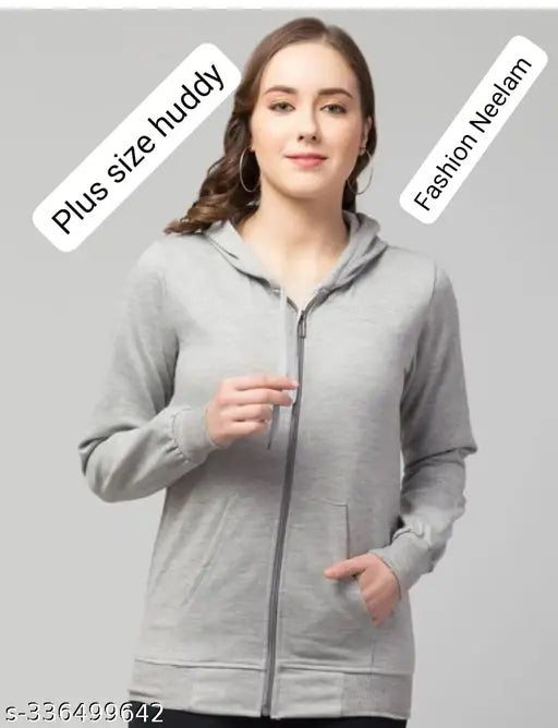 Stylish light grey fleece hoodie, long sleeves, plus size (XXL/XL), solid design, women's wear, India-made
