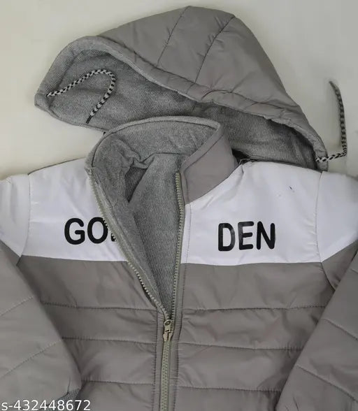 Grey kids' comfort jacket, colorblocked print on polyester, long sleeves. Kids sizes: 2-3 years (18in length, 25in chest, 25in waist), 3-4 years (18in length, 25in chest, 25in waist), 4-5 years (20in length, 25in chest, 27in waist), 5-6 years (20in length, 25in chest, 27in waist), 6-7 years (21in length, 27in chest, 29in waist), 7-8 years (22in length, no size provided, 29in waist). Made in India