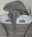 Grey kids' comfort jacket, colorblocked print on polyester, long sleeves. Kids sizes: 2-3 years (18in length, 25in chest, 25in waist), 3-4 years (18in length, 25in chest, 25in waist), 4-5 years (20in length, 25in chest, 27in waist), 5-6 years (20in length, 25in chest, 27in waist), 6-7 years (21in length, 27in chest, 29in waist), 7-8 years (22in length, no size provided, 29in waist). Made in India