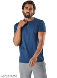 Navy Blue solid polyester men's round neck t-shirt, short sleeves, size M/L originating from India