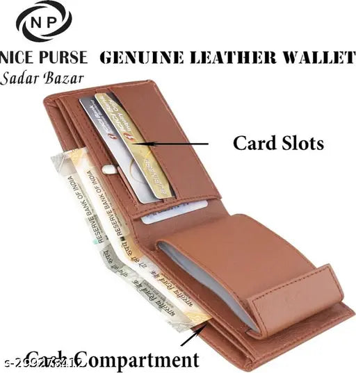 Stylish faux leather men's wallet, solid brown bi-fold with 2 compartments, free size, Made in India
