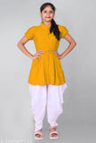 Yellow crepe dhoti Kurta sets for girls, solid pattern, A-line top, short sleeves, sizes from 4-5 Years to 15-16 Years, Indian origin