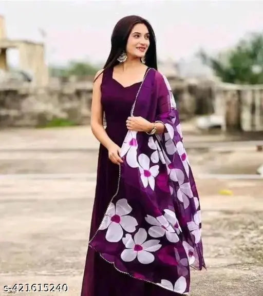 Georgette Anarkali gown with dupatta, Indian fashion for women, solid pattern, sleeveless, size S-XXL