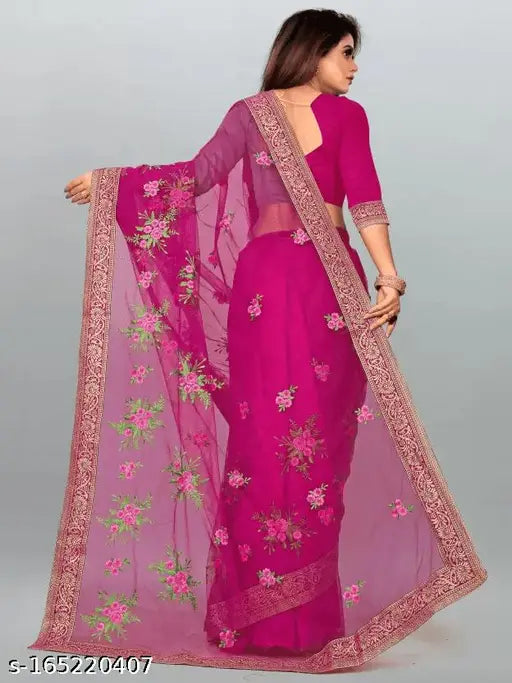 Purple net saree with embroidered blouse, Indian fancy saree in free size, 5.5m length, solid purple and dupion silk blend