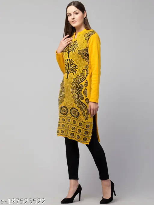 Mustard wool women's winter kurti, long sleeves, printed combo, trendy ethnicwear from India