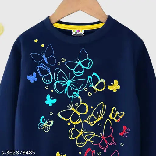Multi-colored cotton blend girls' winter sweatshirt, printed pattern and long sleeves, various sizes from 3-14 years