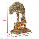 Golden Krishna statue with cow under tree (15cm), Indian religious home decor, enhances interior beauty for gifting occasions